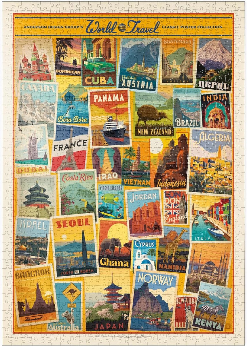 Puzzel Wereldreis Collage - Vintage Poster Puzzel - Ontspanning Thuis - Hoge Resolutie Print - 1000 Stukjes - Multicolor
