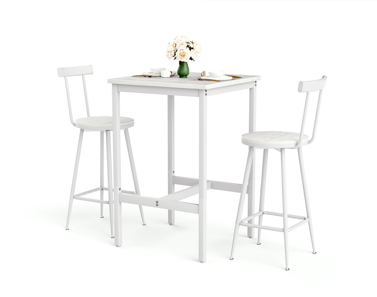 Bartafelset - 60x60x92 cm - Bartafelset met 2 Stoelen met Voetkussens Industriële Stijl - Eetkamer Woonkamer - Metaal - Wit