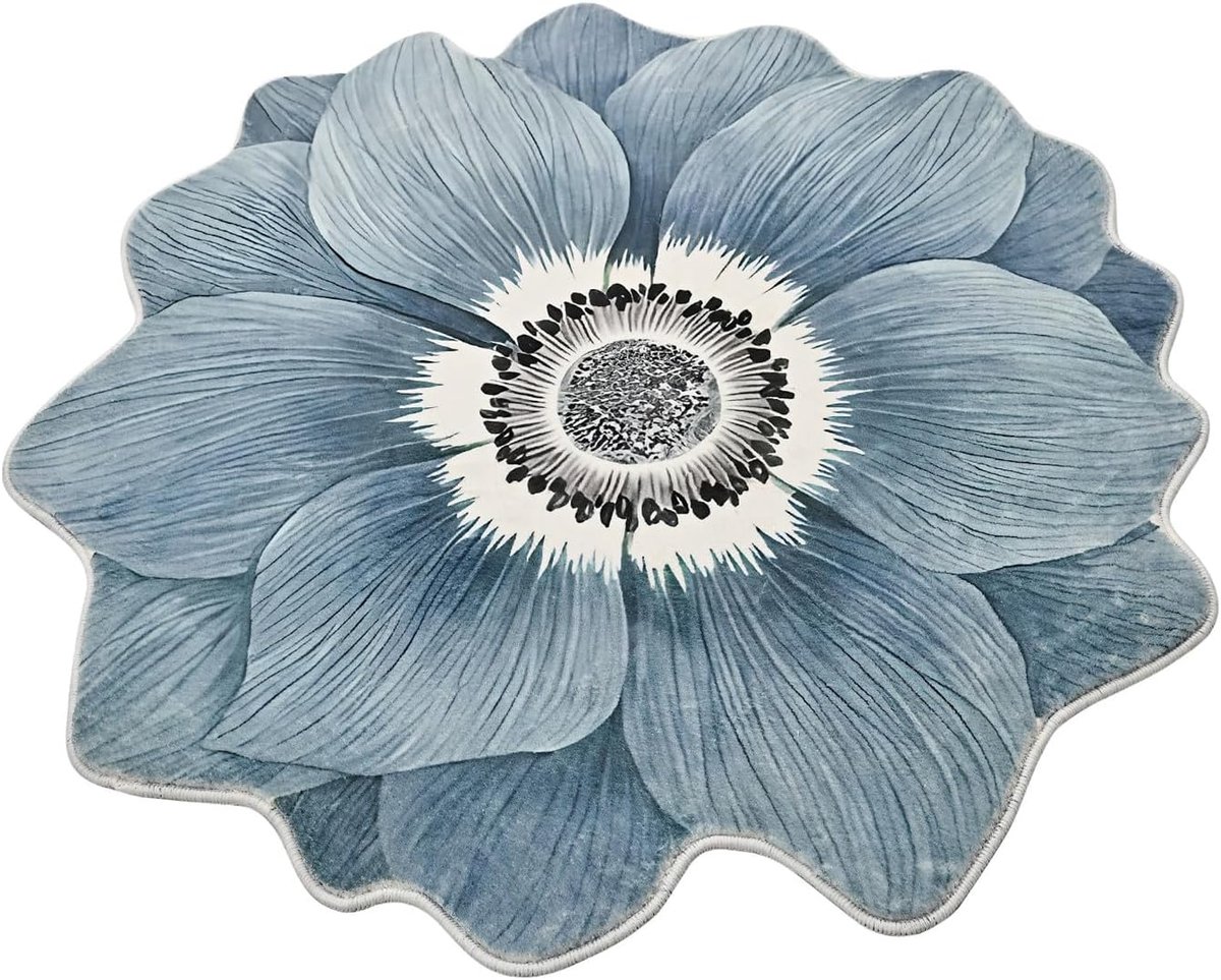 Bloemenkleed, rond, 100 cm, schattig pluche bloemenpatroon, antislip, absorberend, Geschikt voor slaapkamers, nachtkastjes, woonkamers, badkamers en keukens. Blauw lotuspatroon.
