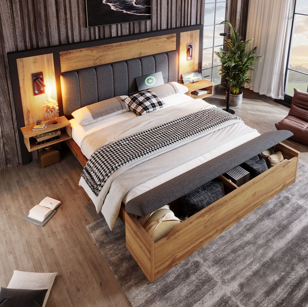 COVREO Gestoffeerd tweepersoonsbed van 160 x 200 mm, met een bedframe voorzien van een leeslampje en USB-C-poort, een nachtkastje en een bankje met opbergruimte. Het bedframe heeft een lattenbodem van metaal, hout en linnen, en de matras is van eikenhout. Oak