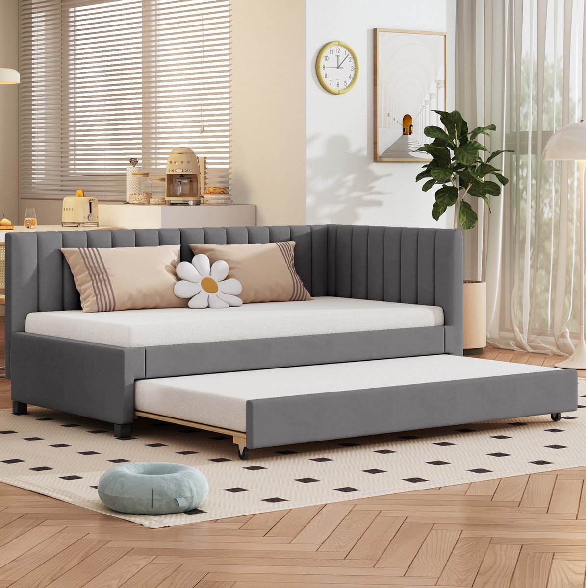 COVREO Gestoffeerd bed van 90*200 cm, uitschuifbare slaapbank, multifunctioneel lattenbodembed, tienerbed, kinderbed, logeerbed, grijze fluwelen stof Grey
