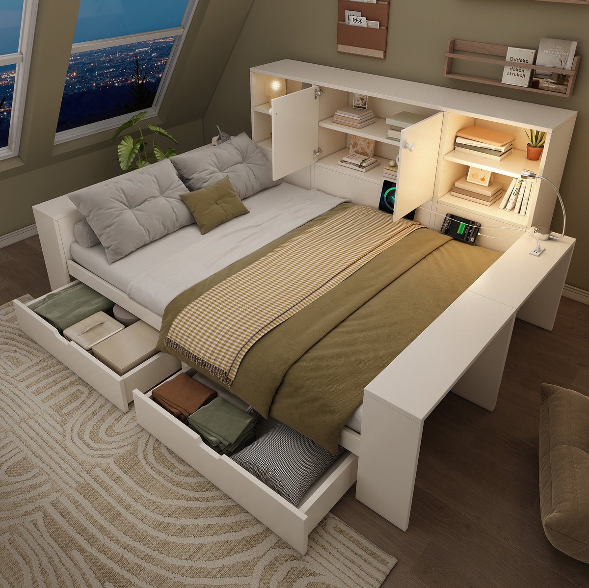 COVREO Bed met opbergruimte en lades – 237x183x100 cm – Bedframe van MDF en spaanplaat – USB en verlichting – Wit - zonder matras