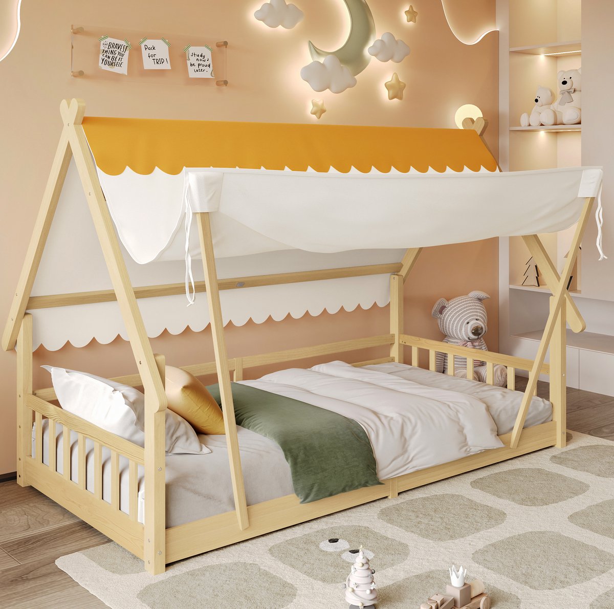 COVREO Houten bed, kinderbed, eenpersoonsbed, prachtig blokhutontwerp, afneembare tentvorm, stevig lattenbodem met veiligheidsrails, grenen en multiplex, natuurlijke houtkleur, 90x200 cm. White+Natural