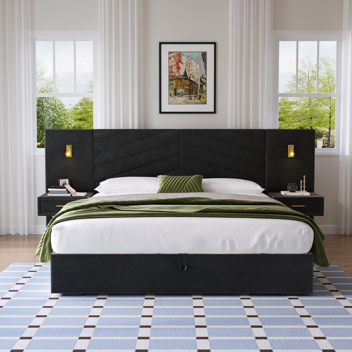 Zubaliya King Size Opbergbett - 266x205x117 cm - Fluweel - Gasopheffmechanisme