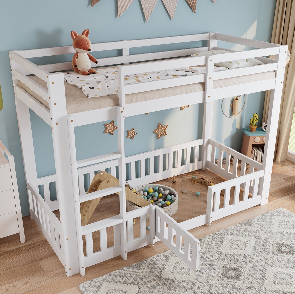 COVREO Stapelbed, houten bed, grenen + LVL-plaat, haakse trap met leuningen en beddeur, valbeveiliging, ruimte onder het bed voor flexibele indeling, wit, 90x200 cm White