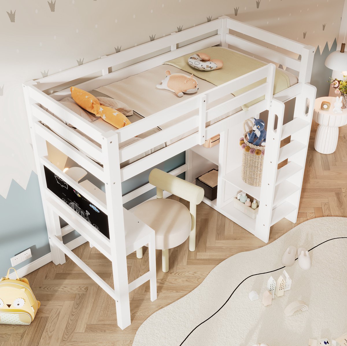 COVREO Hoogslaper met bureau en krijtbord – 206x110x185 cm – Kinderbed met open kast en planken – 90x200 cm – Wit - zonder matras