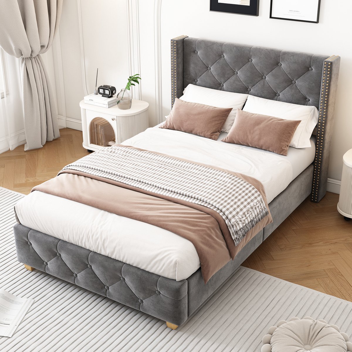 COVREO Bedframe met lattenbodem – 90x200 cm – Eenpersoonsbed met hoofdbord – Gestoffeerd slaapmeubel – Grijs - zonder matras