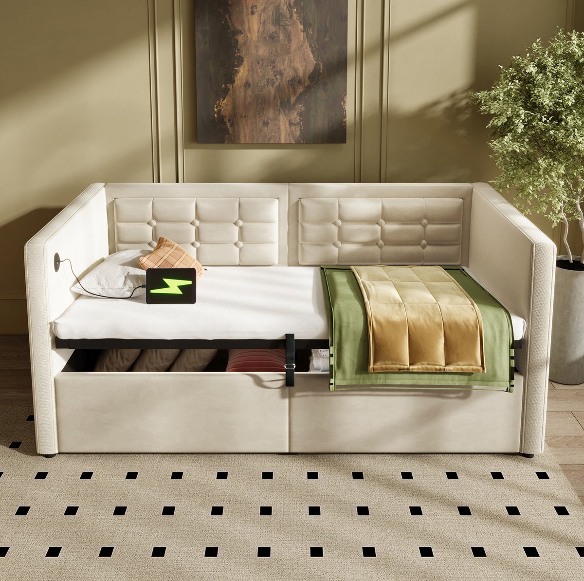 COVREO Slaapbank 90x200 cm beige velvet, opbergruimte, zonder matras