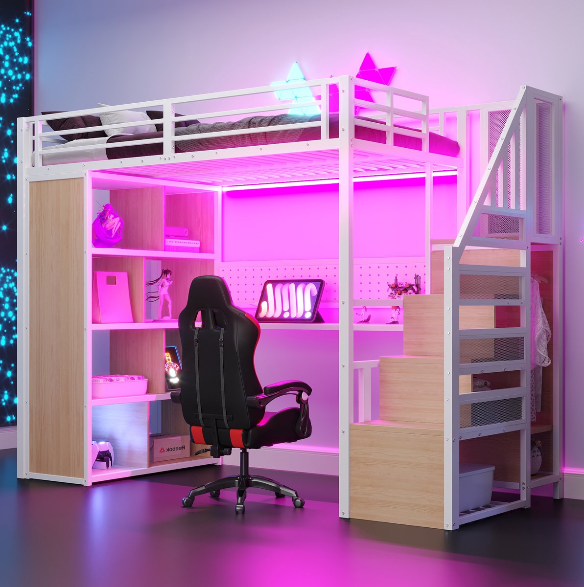 COVREO Metalen hoogslaper, 90 x 200 cm, met kledingkast en opbergvakken, ladder, bureau met stopcontact volgens Europese standaard, geperforeerd metalen paneel en led-lichtstrip, grote opbergkast, eenpersoonsbed, wit. White