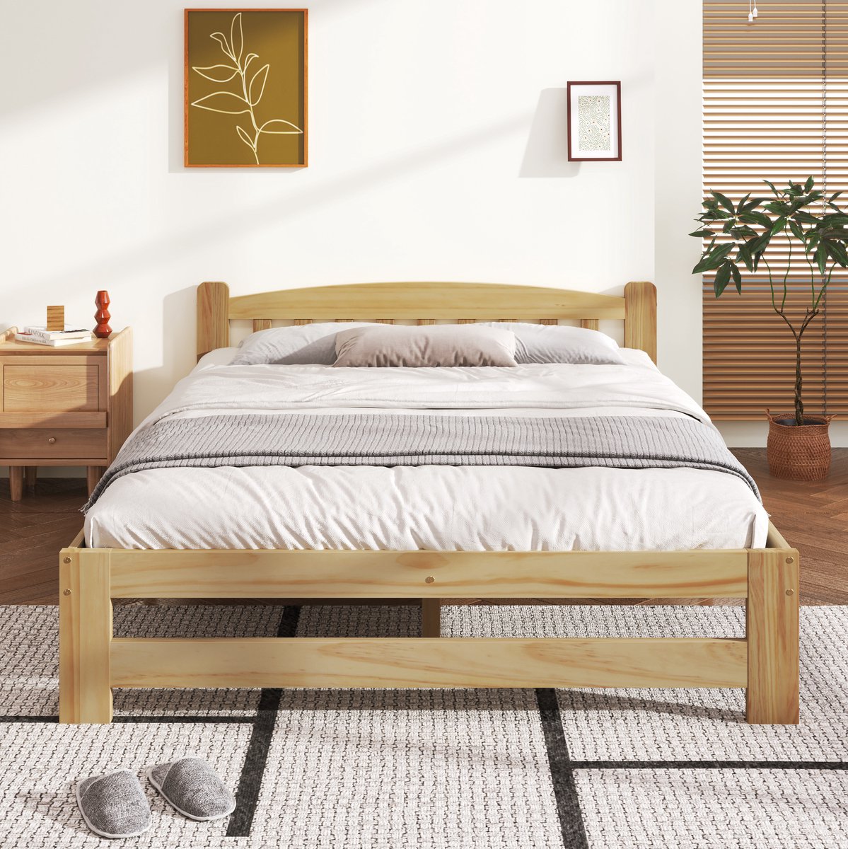 Opklapbaar bed van massief hout, tweepersoonsbed, bed van natuurlijk massief hout, met hoofdbord en lattenbodem, geschikt voor tieners en volwassenen, natuurlijke kleur, 140x200 cm.