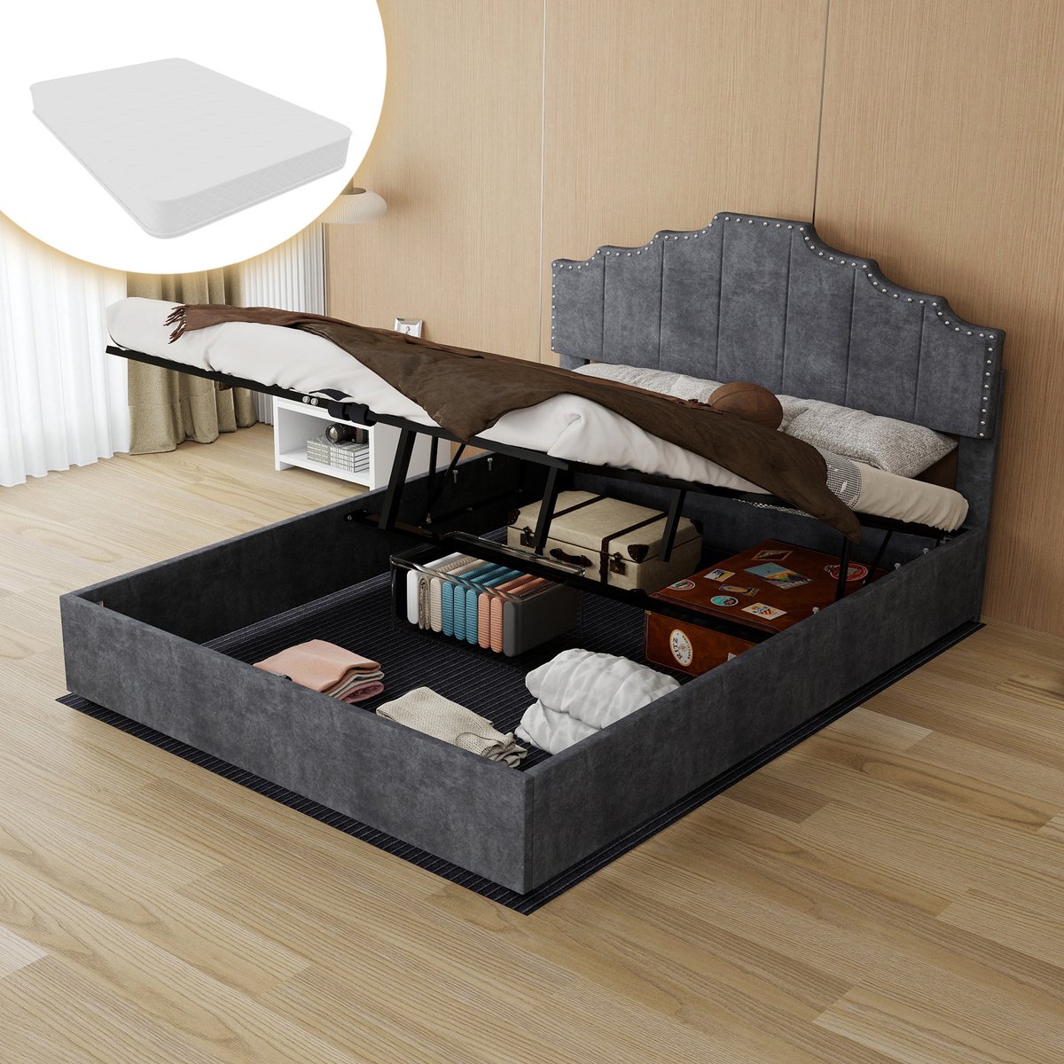 COVREO Bed 140x200 cm grijs, stof en metaal, inclusief matras en opbergruimte