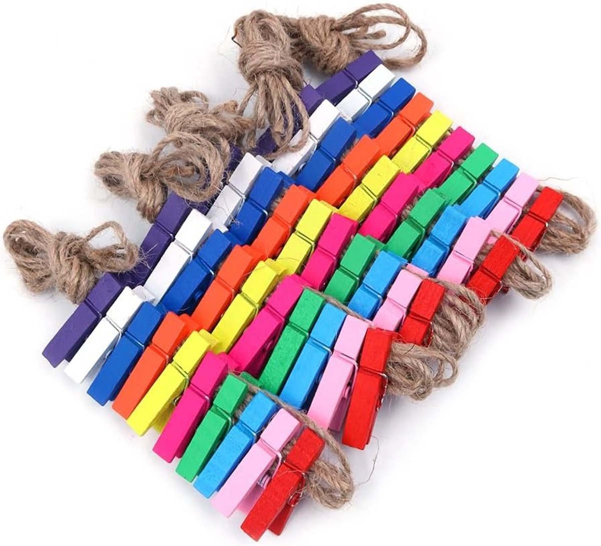 50 houten wasknijpers van 1,3 inch met 2 meter jute touw voor knijpers, decoratie en hobbygebruik