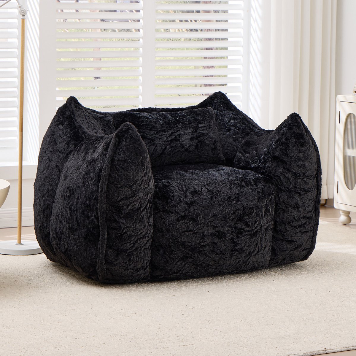 Zitzak Fauteuil van Imitatie Konijnenbont - Ergonomische Rugleuning - Gevuld met Hoogwaardig Versnipperd Schuim - Zachte Loungestoel voor Woonkamer en Slaapkamer - Max. Belastbaar tot 200 kg-Zwart
