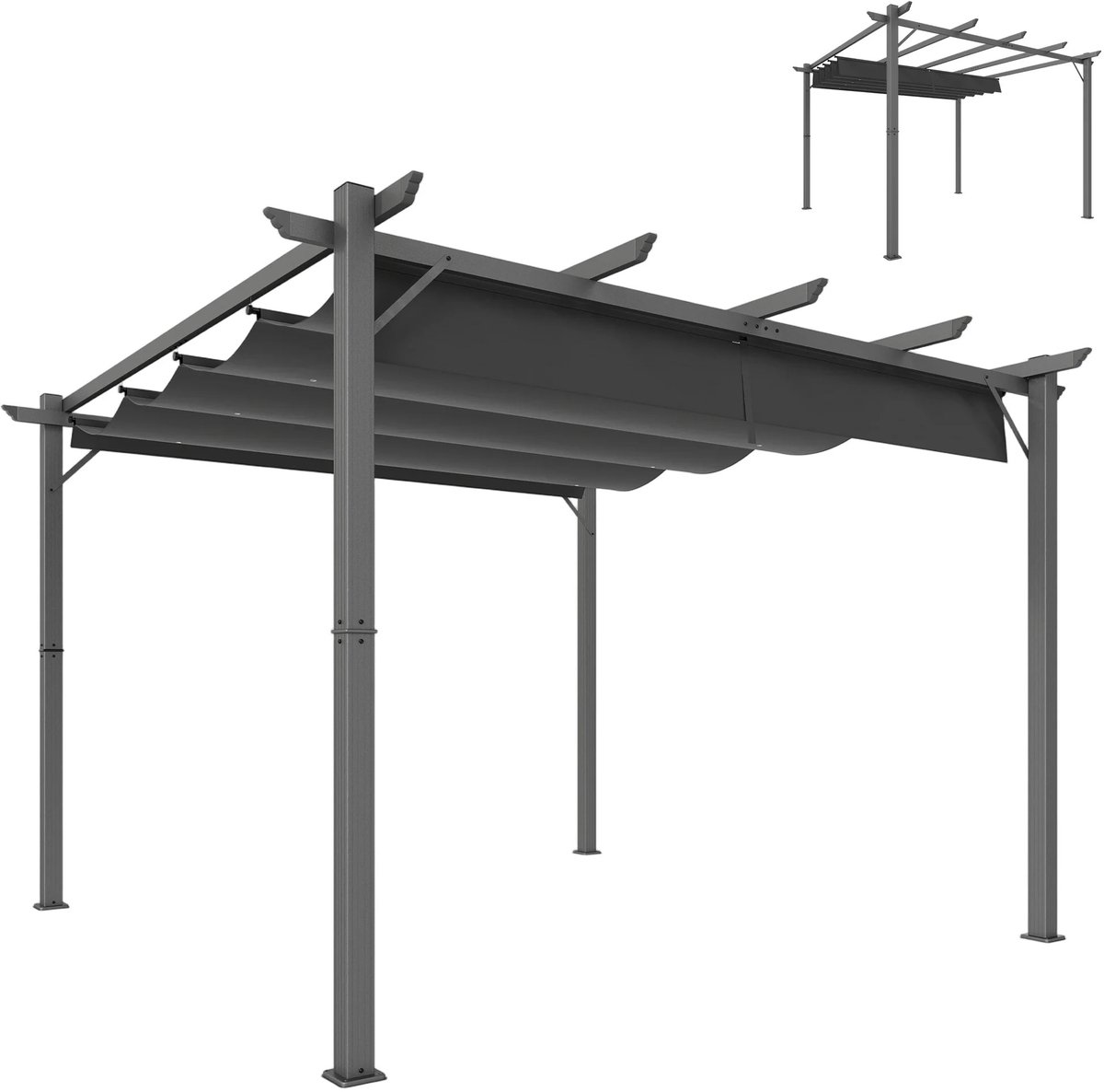 QUESTYR - Tuinpergola - 3X3 M - Donkergrijs - Aluminium Frame - Modern Terrasoverkapping - Intrekbaar Dak - UPF30+ Zonwering