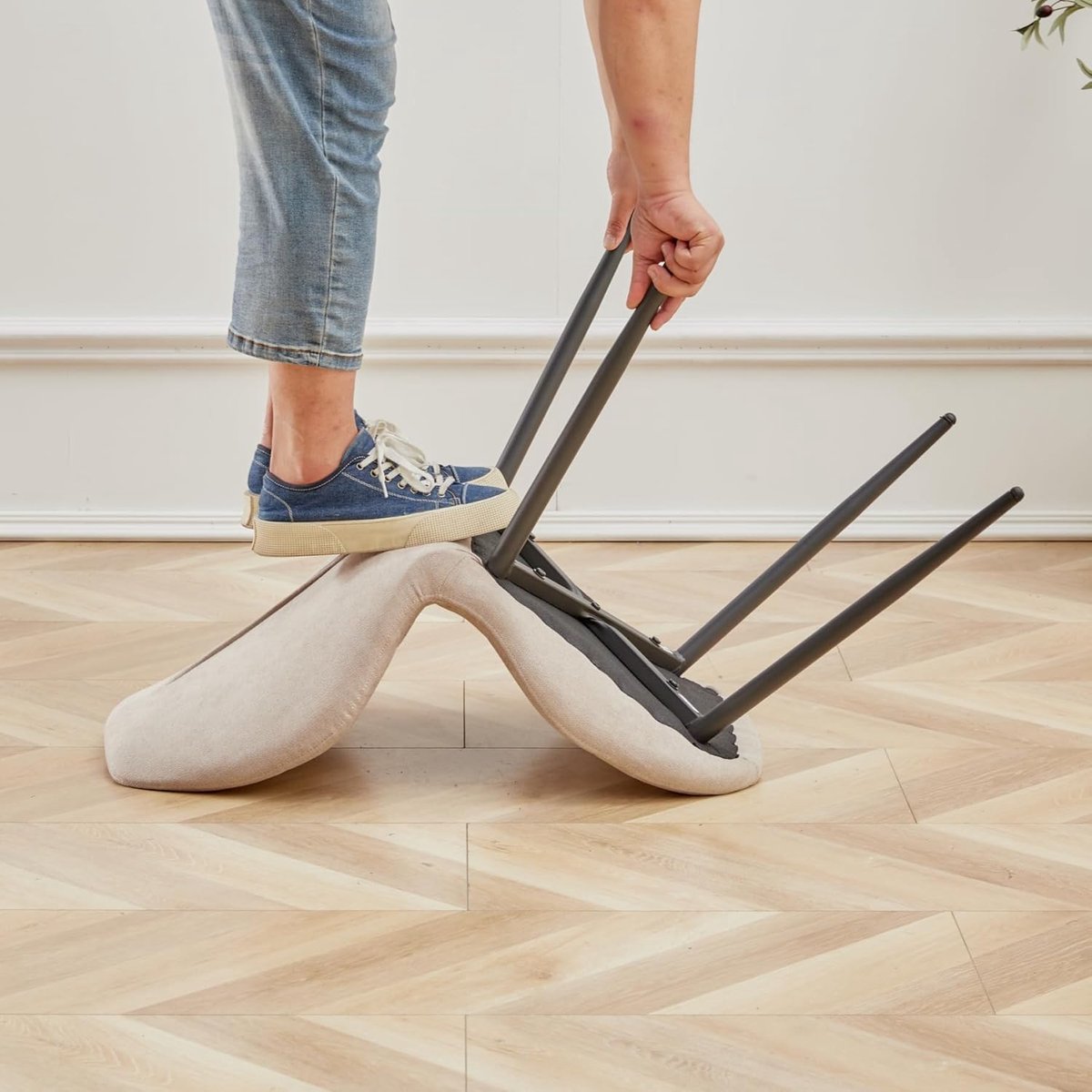 Eetkamerstoelen Set van 6 – Luxe Gestoffeerde Keukenstoelen met Hoge Rugleuning – Beige Linnen Diamantweefsel Bekleding – Ergonomische Eetstoelen met Hoge Dichtheid Schuimvulling – 47,5 x 43 x 86 cm – Mobili Bella