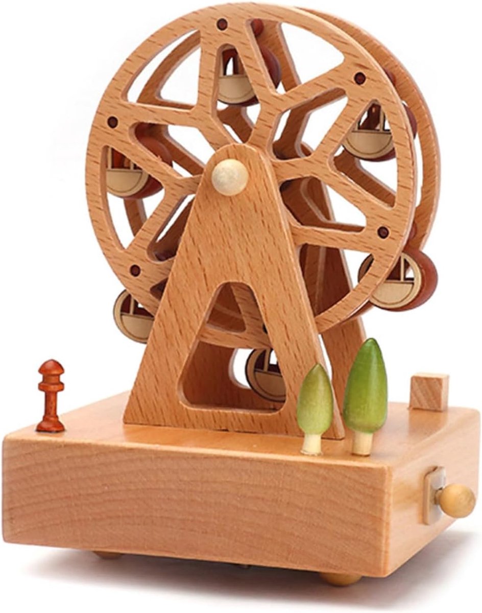 Houten Muziekdoos - Kinder Speelgoed - Decoratie Kamer - Draaiende Figuren - 11 cm Diameter - Natuurlijk Hout