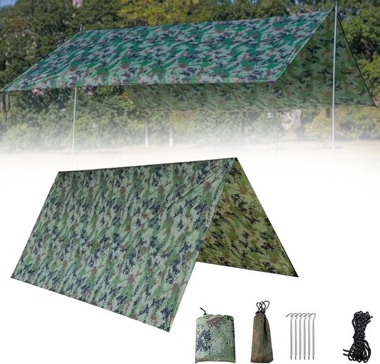 Vierkant camouflageluifel - Camping- en strandluifel – Tentdoek – Buitentent – ​​Waterdicht grondzeil – Campingtent – ​​Veelzijdig – Geschikt voor camping en strand – 292 x 298 cm – Camouflagepatroon – Voor meerdere gebruikers