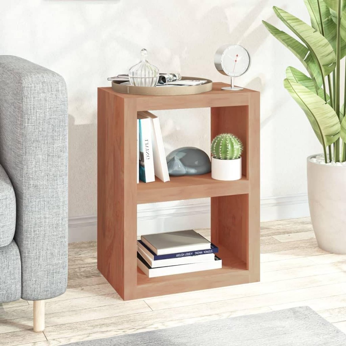 Massief teakhouten tafel - Bijzettafel nachtkastje - Opbergen decoreren - Twee open vakken - 45 x 30 x 60 cm