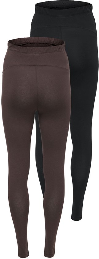 Twee legging in bruin en zwart. De bruine legging heeft een brede, gevouwen band.