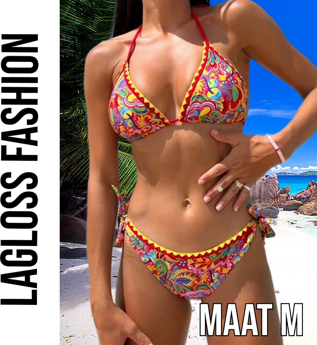 LaGloss® 2-delig Retro Dames Bikini Rood – Halter Bikini met Retroprint en Striksluiting – Beach Fashion – Strandmode – Maat M