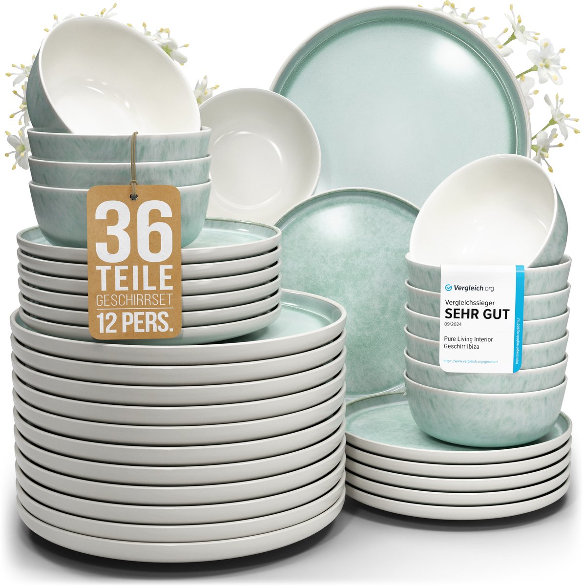 Pure Living 36-Delig Serviesset - Turquoise - Krasbestendig Aardewerk - 12 Personen - Magnetronbestendig - Ibiza Light