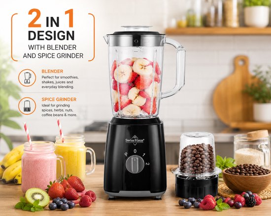 Swiss Haus® BL2315P Blender - 500W Smoothie Maker - 1.5L Plastic Kan met Grinder - 2 Snelheden + Pulse - RVS Messen - BPA Vrij - Vaatwasserbestendig - Zwart van Merkloos — afbeelding 3