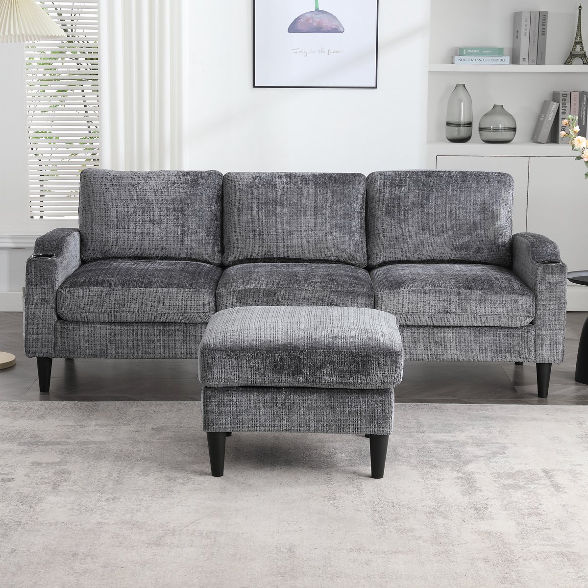 DESMIU Zitbank 196,5 Cm - 4-Zits Met Hocker, Opbergruimte, Bekerhouders En Zijvakken - Voor Woonkamer - Chenille Grijs