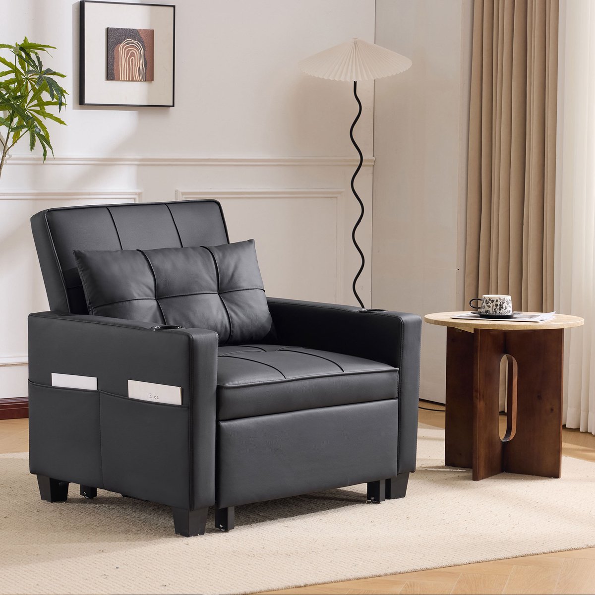 DESMIU Fauteuil 74 x 87 x 84 cm - 3-In-1 Uitschuifbare Slaapfauteuil Met Verstelbare Rugleuning En Bekerhouders - Voor Kleine Ruimtes - Zwart Kunstleer