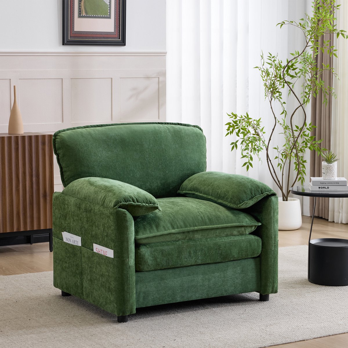 DESMIU Fauteuil 96 X 90 X 92 Cm - Retro 1-Zits Met Dubbele Opbergvakken - Voor Woonkamer Balkon En Slaapkamer - Velvet Groen