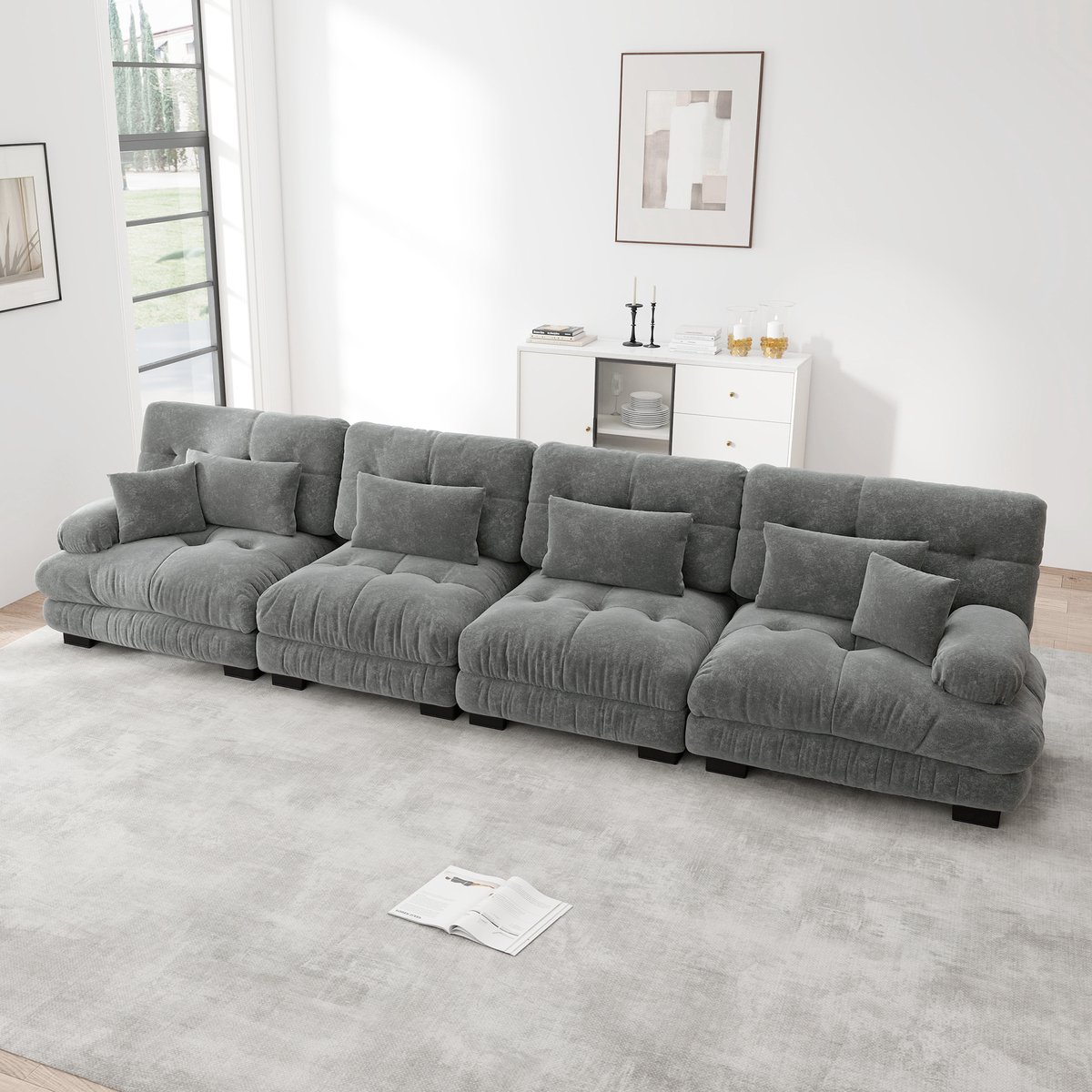DESMIU Hoekbank 406 x 77 x 81 cm - Modulaire 4-Zits Met Diepe Zitting En Chenille Bekleding - Voor Woonkamer En Kantoor - Grijs
