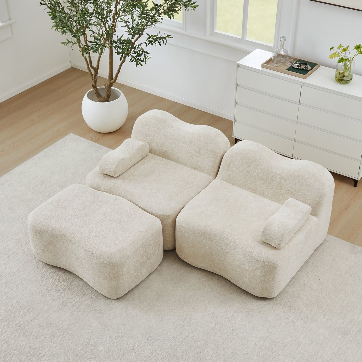 DESMIU Hoekbank 192 X 167 X 70 Cm - Modulair L-Vormig 2-Zits Met Hocker En Zonder Montage - Woonkamer En Appartement - Velvet Beige