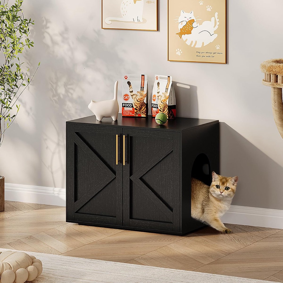 Houten Kattenbak Ombouw - Verborgen Kattenbakmeubel & Kattenhuis - Zwart - 65 x 45 x 57 cm