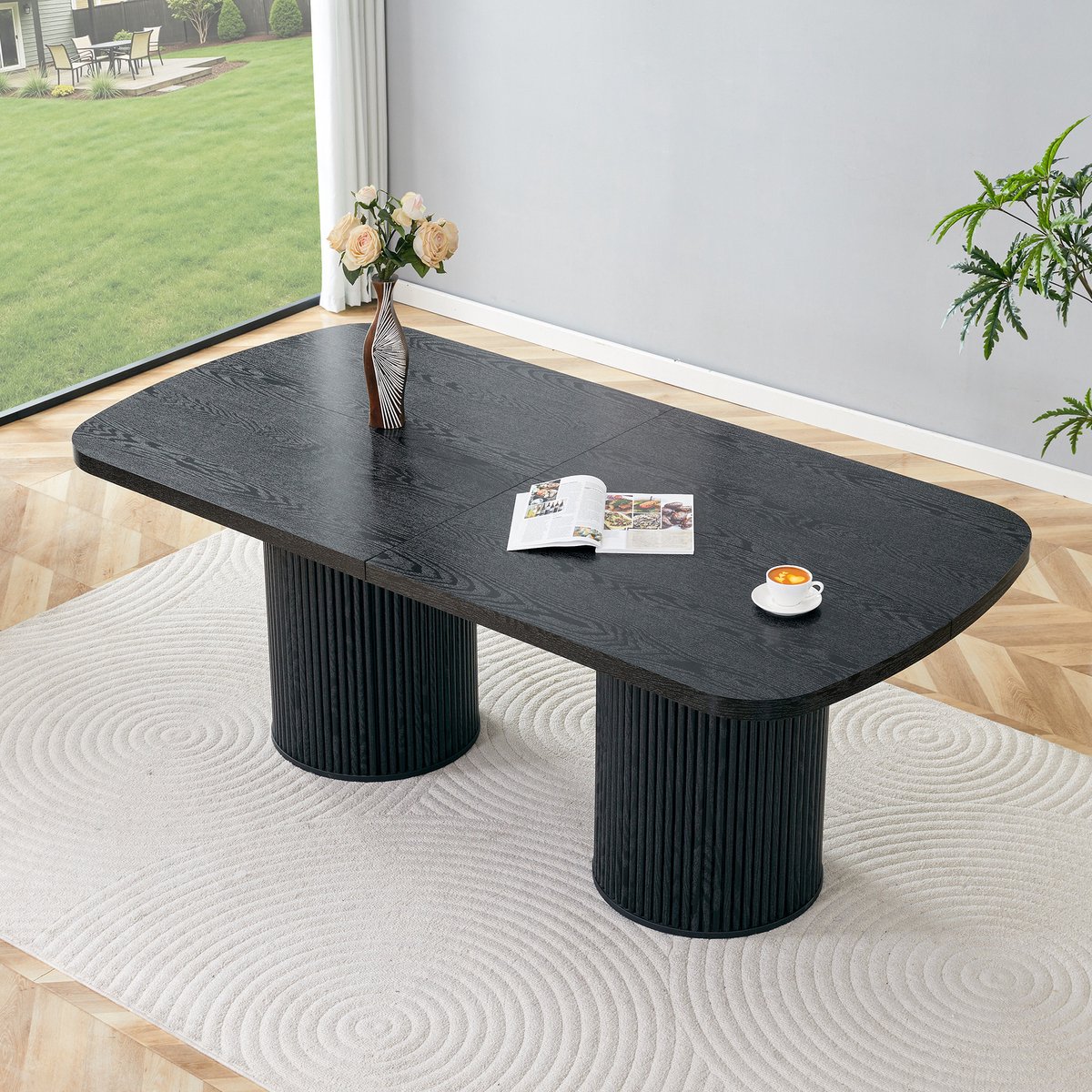 MIVRAY Eettafel - Ovale Tafel Met Geribbelde Zuilvoet - Voor Eetkamer En Keuken - MDF - Zwart - 6 Tot 8 Personen