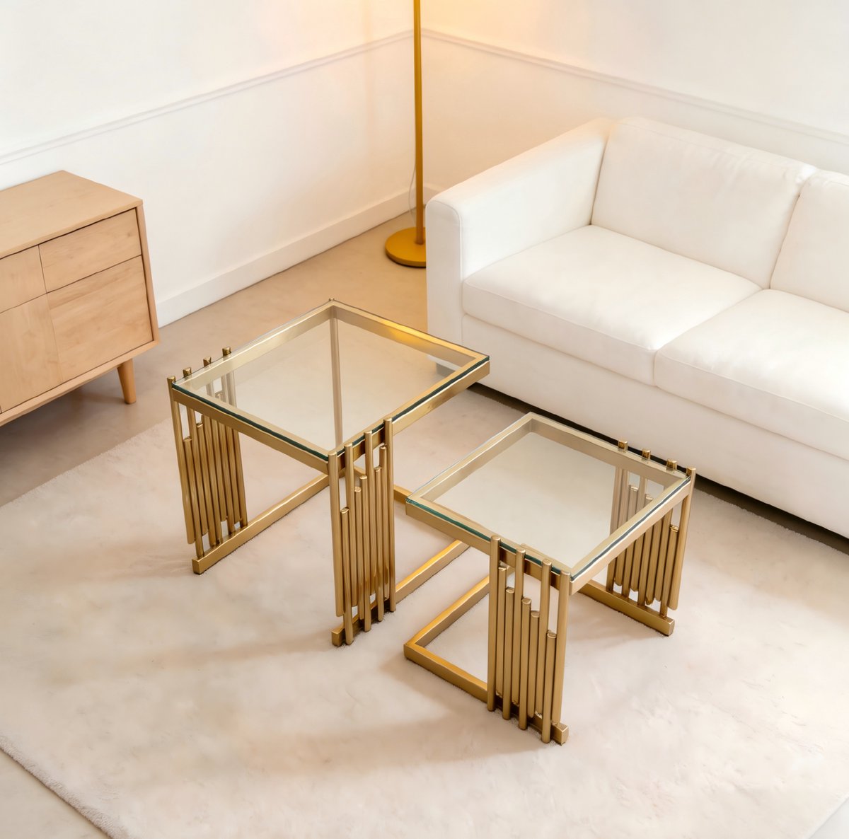 MIVRAY Bijzettafel Set - Vierkant Met Gehard Glas - Flexibel Voor Woonkamer Slaapkamer En Balkon - Goudkleurig Metaal Goud En Transparant