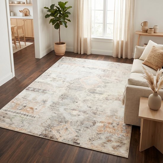Tapis TAPISO Bari Motif Ethnique Abstrait Antidérapant Salon Chambre Beige Rose Or Design Moderne Oeko-Tex 200x300