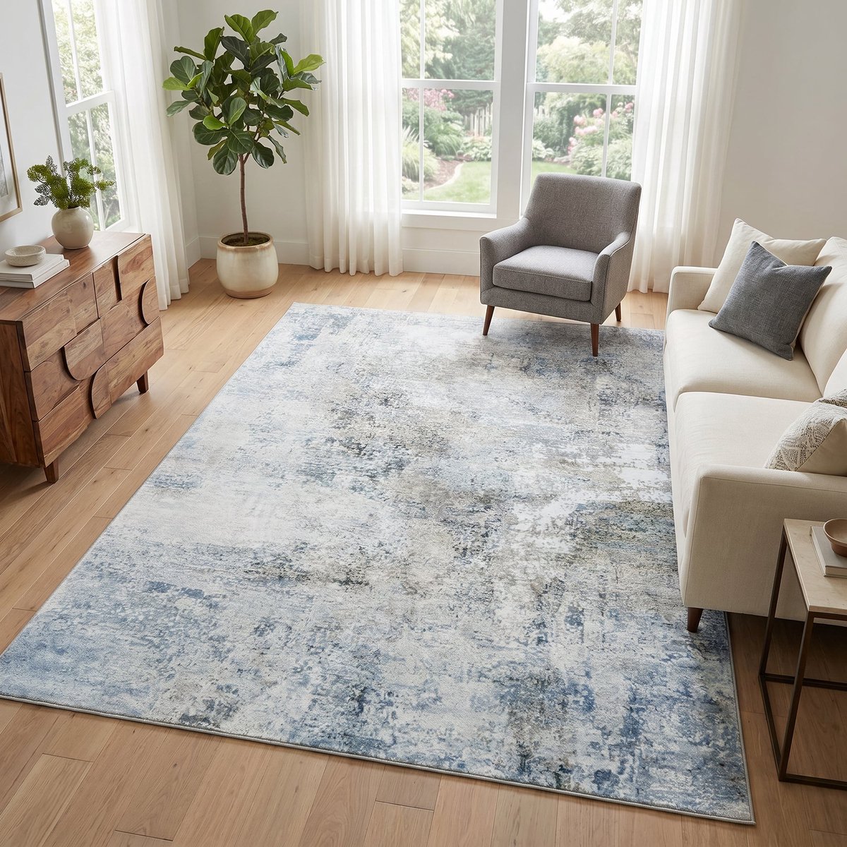 TAPISO Bari Vloerkleed Abstract Verweerd Patroon Antislip Tapijt Woonkamer Slaapkamer Blau