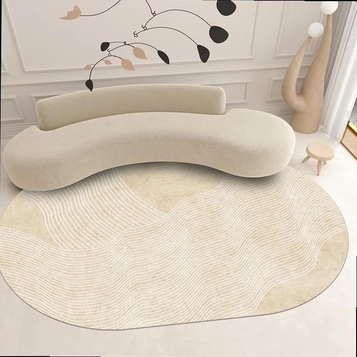 Ovaal Vloerkleed - Laagpolig Tapijt - Woonkamer Decoratie - Antislip Achterkant - 140 x 160 cm - Wit Geel