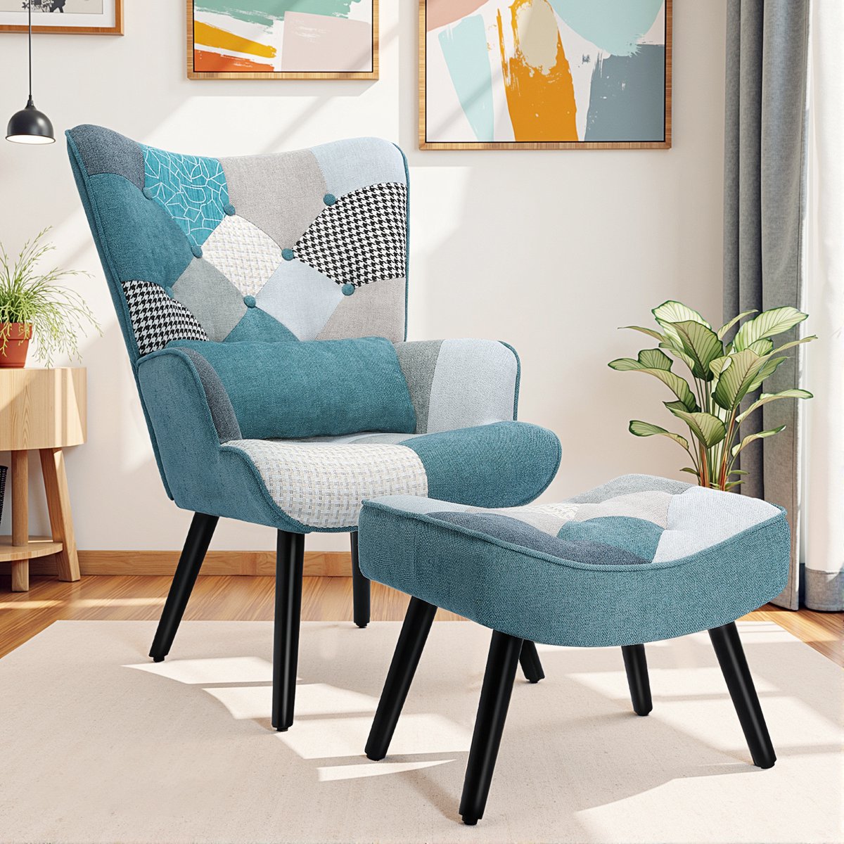 HomeMiYN Patchwork Serie – Fauteuil met Voetenbank – Comfortabele Relaxstoel in Multicolor Design – Houten Frame – Inclusief Blauw Sierkussen