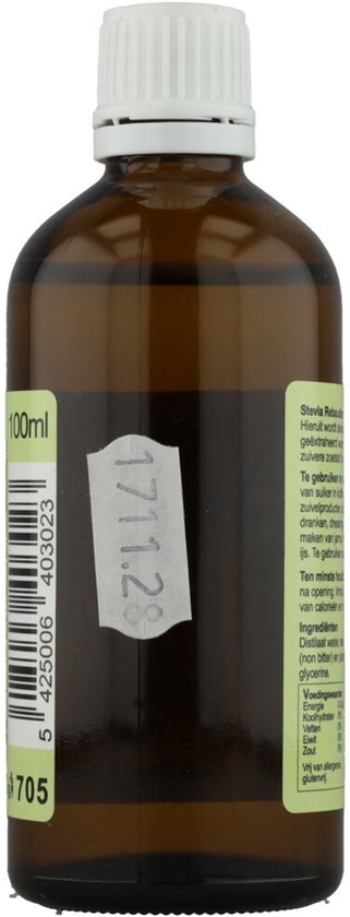 Bruine fles met witte dop, etiket met "100ml" en productinformatie, streepjescode.