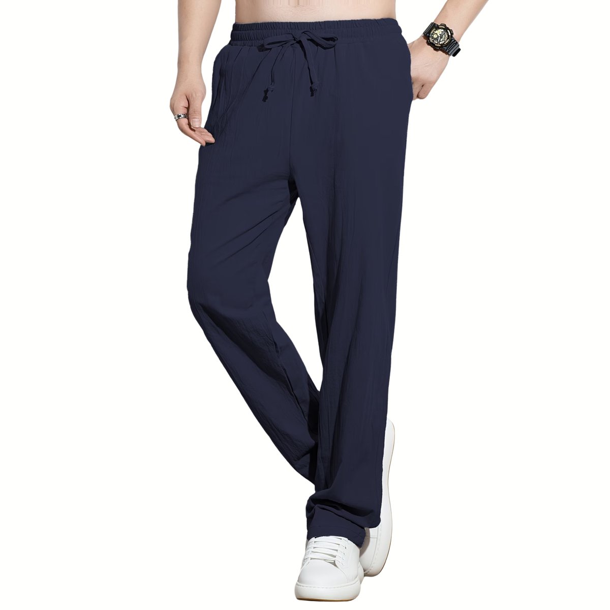 Currero Linnen Broek Heren Zomerbroek Volwassenen Lange Broek Pantalon Strandbroek Zomer Ibiza Stijl Blauw