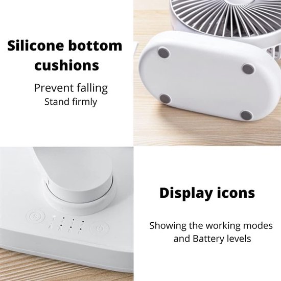 Details van een witte ventilator: siliconen bodemkussens en icoontjes voor werkmodi en batterijniveau.