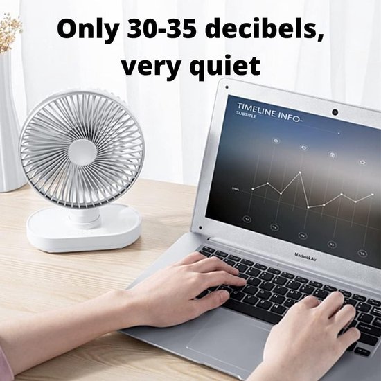 Witte tafelventilator in gebruik naast een zilveren laptop op een houten bureau.