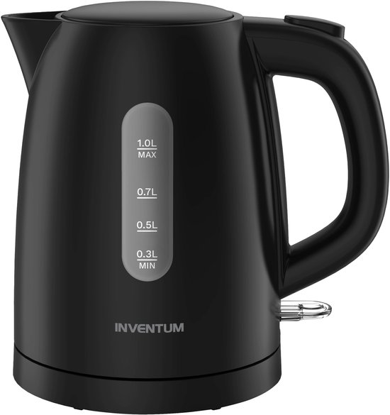 Zwarte Inventum waterkoker met ergonomisch handvat en transparante waterniveau-indicator.