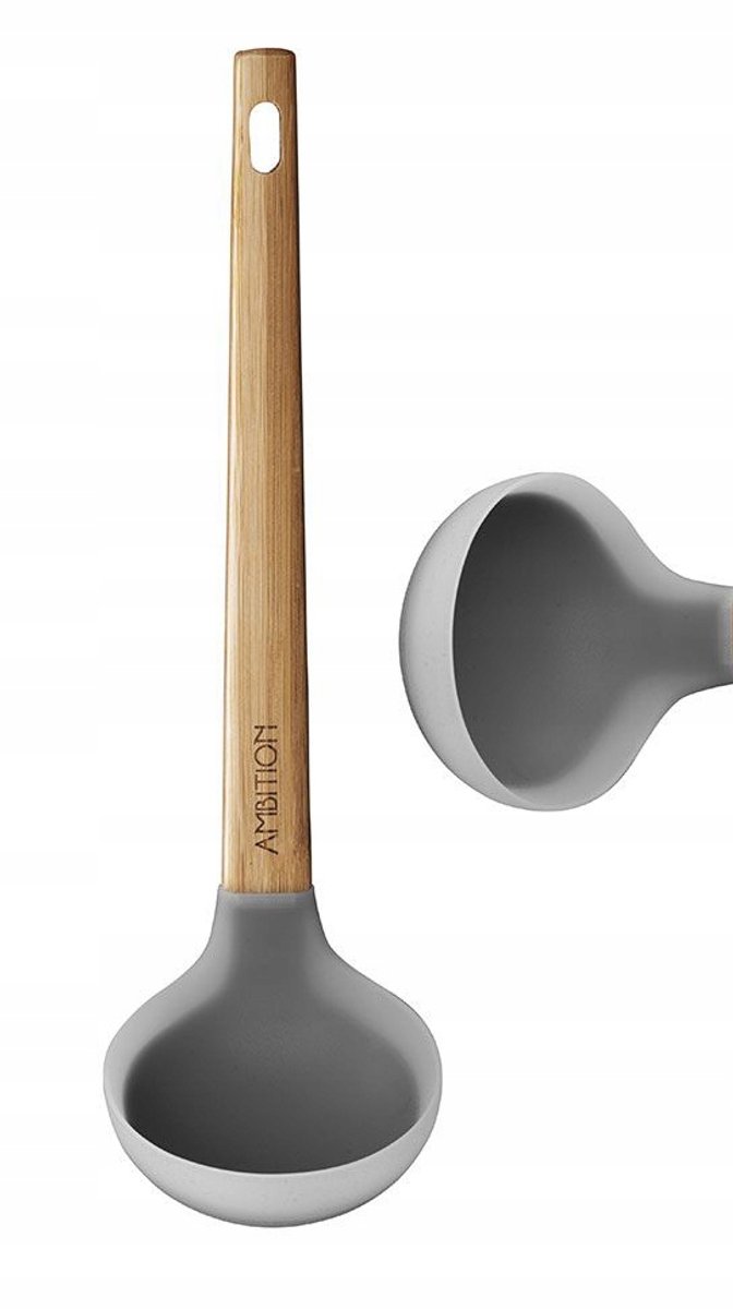 Ambition Nordic Serie - Siliconen Soeplepel - 27,5 cm - Houten Handvat - Grijs
