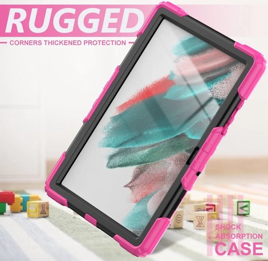 Étui avec protecteur d'écran intégré adapté au Samsung Galaxy Tab A8 | Comprend une dragonne et une bandoulière rotatives à 360° | Protection extrême | Idéal pour une utilisation professionnelle | Rose