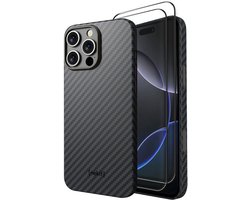 NEKIT Fiber Hoesje met 2-Pack Screenprotector Geschikt voor Apple iPhone 16 Pro Max | Compatibel met MagSafe & Qi2 | Kevlar Back Cover | GRS Gerecycled Glas | 9H+ Gehard | met Installatiebox | Zwart