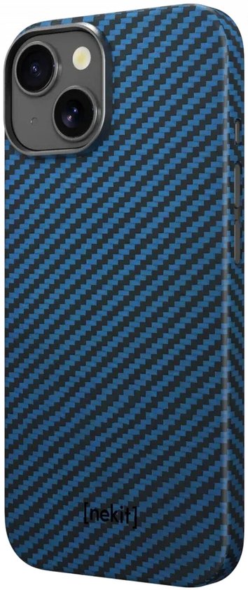 Blauw en zwart koolstofvezel patroon telefoonhoesje, zijkant van iPhone.