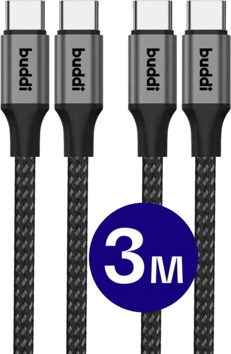 Duo Pack Buddi Flex | USB-C naar USB-C Kabel | 60W Fast Charge 20V/3A | Power Delivery | 480Mbps Dataoverdracht | Gevlochten Nylon | O.a geschikt voor iPhone 15 / 16, Samsung S24/25-Serie | 3M | Zwart