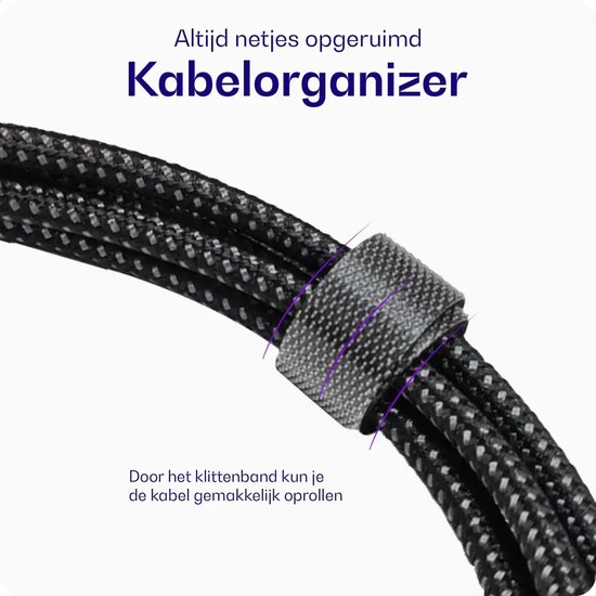 Zwarte kabel met klittenband kabel organizer om op te rollen.
