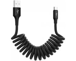SBG Universele Rekbare USB-C Krulsnoer Kabel | USB - A naar USB - C | Ideaal voor Android Auto & Apple CarPlay | 1 Meter | 1M | Zwart